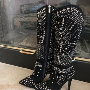 Black bedazzled stud knee-high boots